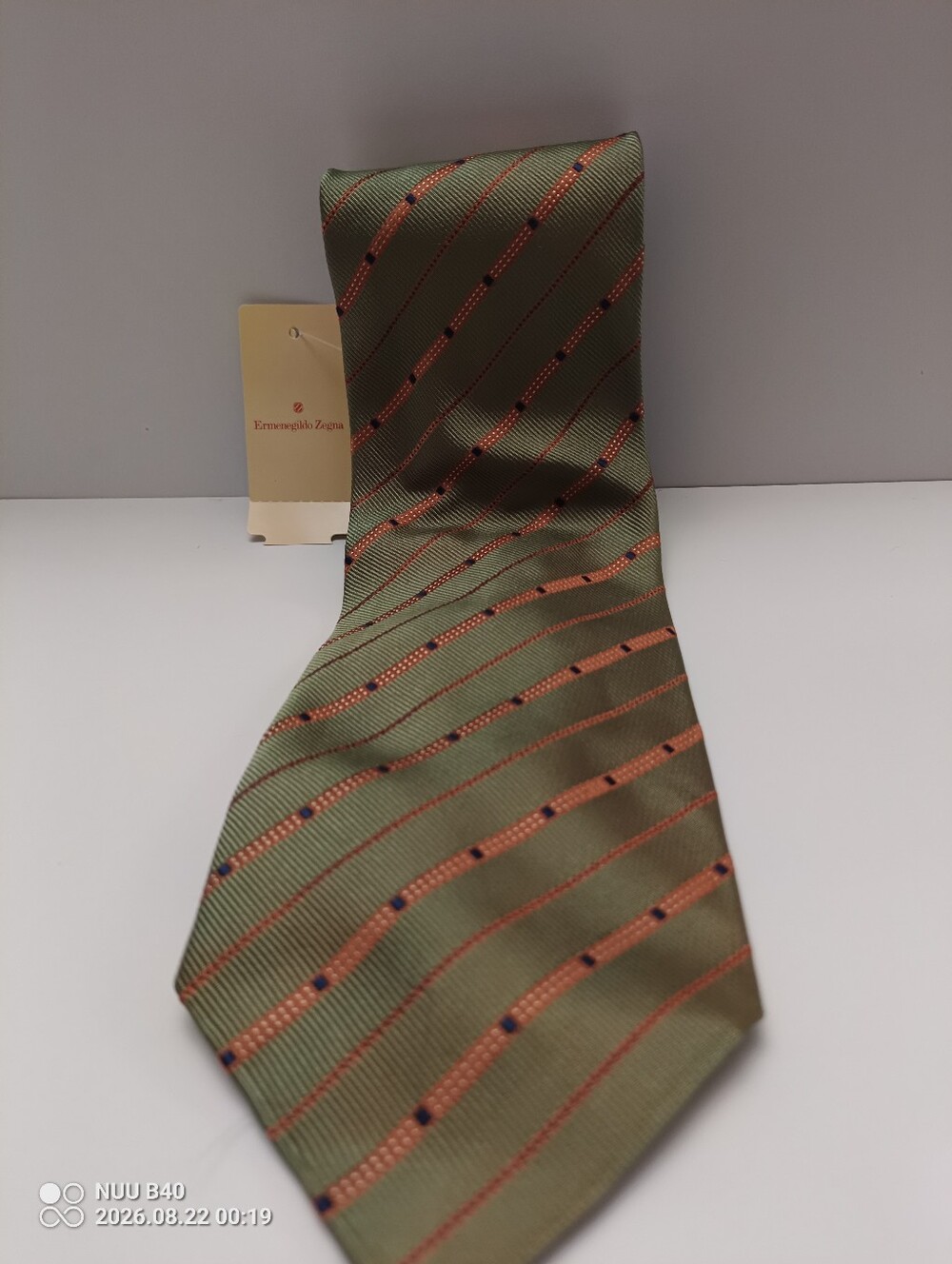 Ermenegildo Zegna Olive Green and Orange Stripe Silk Tie
